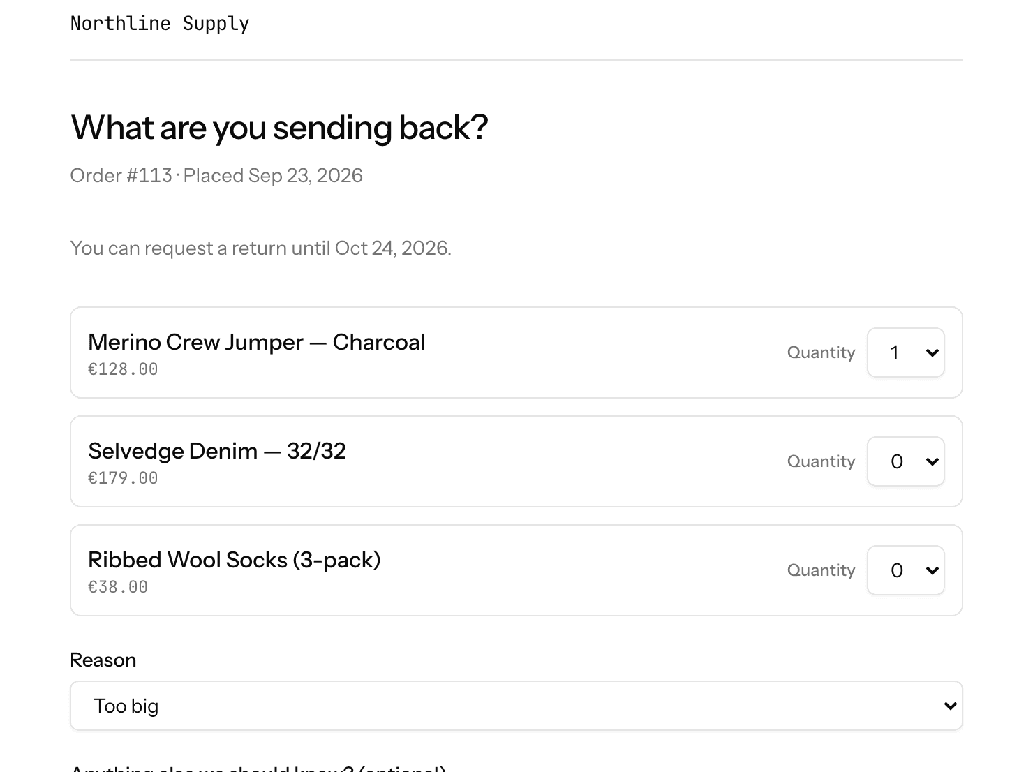 The hosted returns portal: a shopper picks which items from their order to send back.